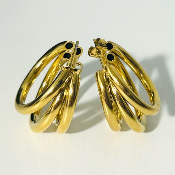 18k Gold Plated Stainless Steel Triple Hoop Small Earrings 1 inch in diameter - Picture 2 of 4